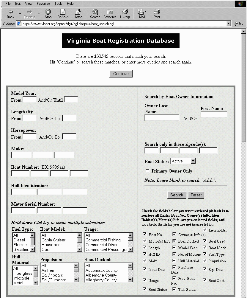 Virginia Boat Registration Database Demo